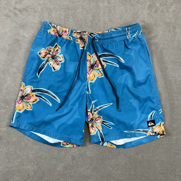 Quiksilver Large Mens Blue Floral Swim Trunks Tropical Surf Board Shorts L — photo 2